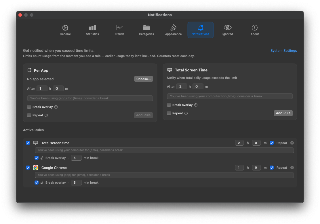 Per-app and total screen-time limit rules